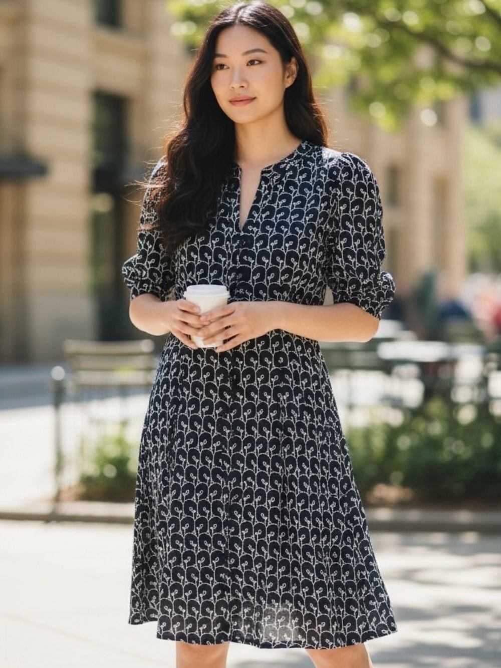 LOFT Embroidered Floral Dress Knee Length Fit Flare Style 3-4 Sleeve Office Wear